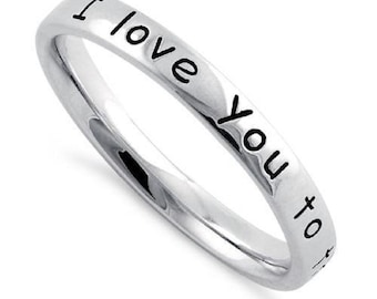 Sterling Silver an Everlasting Platonic Romantic Feelings  Quote "I Love You to the Moon and Back" Band Ring (Size 1-15) HR-2335