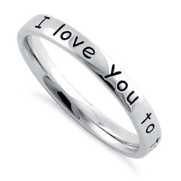 Sterling Silver an Everlasting Platonic and Romantic Feellings of Love Quote "I Love You to the Moon and Back" Band Ring (Size 1-15) HR-2335