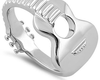 Sterling Silver Solid Ring Classic Acoustic Guitar Inspired Ring, Music Instrument Jewelry (Ring Size 5-14)(HR-2308)