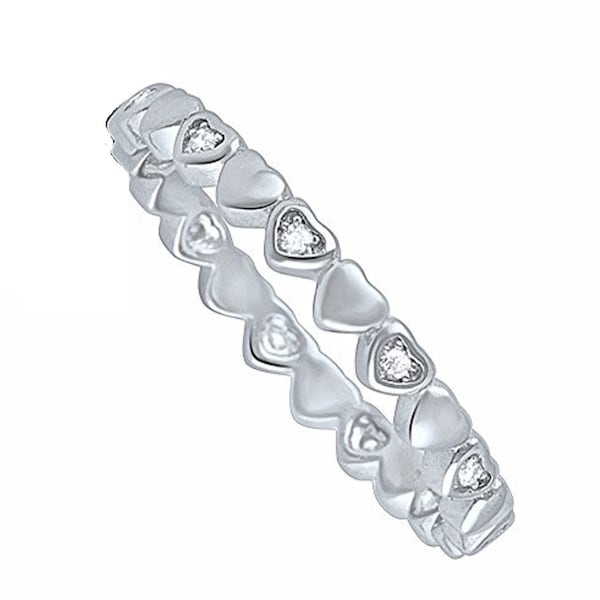 Sterling Silver Alternate Round CZ and Plain Heart of Comfort Fit, Mother's Day, Wedding Band , Commitment Eternity Ring (Size-4-10) HR-0152