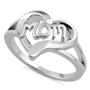 May include: Sterling silver ring with a heart-shaped design featuring the word "MOM" in a script font.