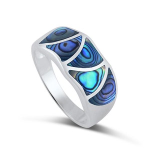 Sterling Silver,Hand-cut Iridescent Natural Abalone Shell Inlay, the Energy of Ocean Waved Edge, ladies Ring - (Size 6-9)(HAR-2133)