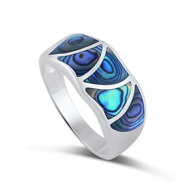 Sterling Silver,Hand-cut Iridescent Natural Abalone Shell Inlay, the Energy of Ocean Waved Edge, ladies Ring - (Size 6-9)(HAR-2133)