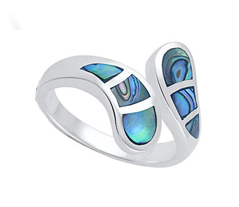 Size 6-9 HAR-2131 Bypass ladies Ring - the Energy of Ocean Sterling Silver,Hand-cut Mosaic Iridescent Natural Abalone Shell Inlay