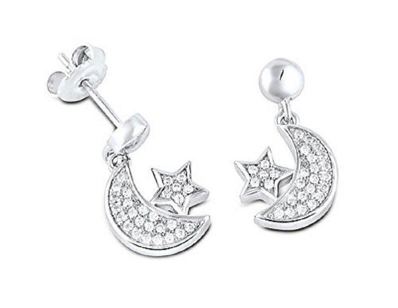 Sterling Silver Simulated Diamond MOON and STAR Friction Post Back Earrings for Pierced Ears- HE-0130