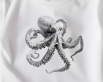 Pulpo PNG, Pulpo realista, Animal marino PNG, Diseño de criatura oceánica, Pulpo blanco y negro, Sublimación de vida marina