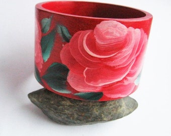 Pintado a mano, pulsera de madera rosas hermoso rojo ecológico verde y rojo