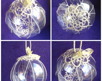 READY TO SHIP Christmas ball tatting lace ornament white-off ecru cream thread tatted