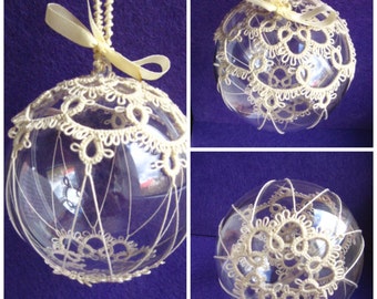 Bola de Navidad Frivolité Adorno de encaje blanco crudo hilo crema tatuado
