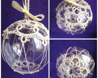 Christmas Ball Tatting Lace ornament white-off ecru cream thread tatted