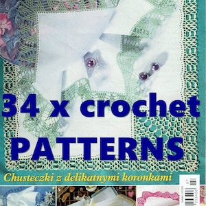 Könnte beinhalten: Ein Magazincover mit einem gehäkelten Spitzenmuster mit dem Titel "Koronki" und dem Text "34 x crochet patterns". Das Cover enthält auch den Text "Chusteczki z delikatnymi koronkami" und einen Barcode.