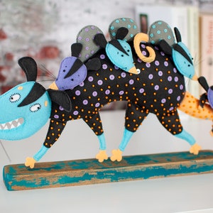 Opossum Mother with Cubs Sculpture Art - OOAK Handmade Poseable Art Doll - Textile Tabletop Decor