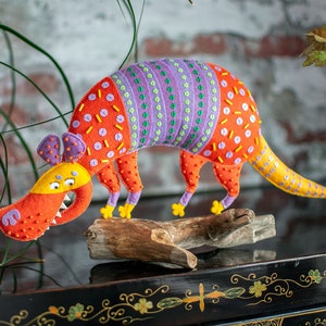Armadillo Soft Sculpture - OOAK Handmade Poseable Art Doll - Textile Art