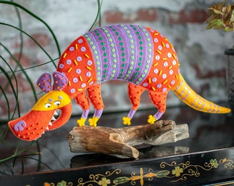 Armadillo Soft Sculpture - OOAK Handmade Poseable Art Doll - Textile Art