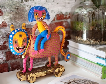 Handmade Beast With Rider Fabric Art Sculpture on Wheels