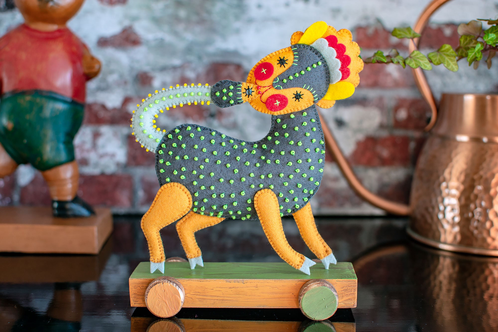 Lion Felt Figurine on a Wooden Stand - OOAK Handmade Soft Sculpture - Textile Art