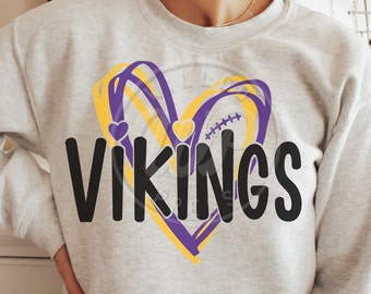 May include: A gray sweatshirt with a purple and yellow heart design and the word "VIKINGS" in black lettering.