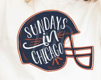 May include: A navy blue and orange football helmet with the text "Sundays in Chicago" in white lettering.