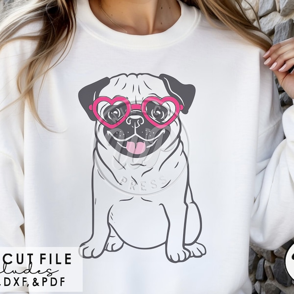 Pug Love Flag, Valentines Day svg, heart glasses, sublimination, svg for cricut, dxf for silhouette, cutting file, vinyl cut file