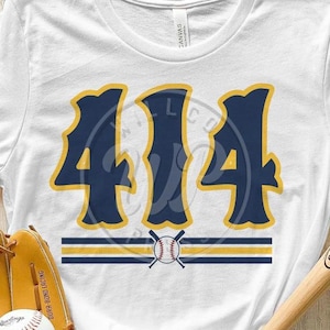 May include: White t-shirt featuring a navy blue and gold baseball number "414" design. The number is outlined in gold and has a baseball and bats graphic below it.