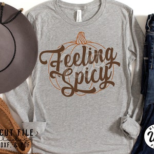 May include: A gray long-sleeved shirt with the text "Feeling Spicy" in brown lettering, featuring a stylized pumpkin design.