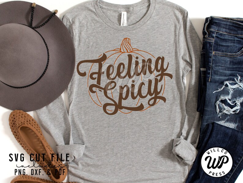 May include: A gray long-sleeved shirt with the text "Feeling Spicy" in brown lettering, featuring a stylized pumpkin design.