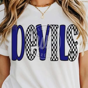 Devils mascot png, Blue Devils svg, checkerboard, Team name svg, cheer shirts, svg files for cricut, dtf transfer image, 300 dpi