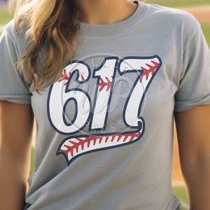 May include: A gray t-shirt with the number "617" printed on it in white with a red and blue baseball stitch design.