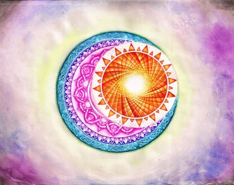 Fine art print 'Lorenzo y Catalina' sun and moon, psychedelic mandala painting, watercolour and ink pen.
