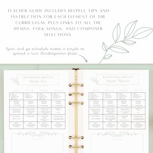 May include: A printable planner for kindergarten teachers. The planner is divided into weeks and days, with sections for reading, copywork, composer study, nature study, and math. The planner also includes a section for notes.