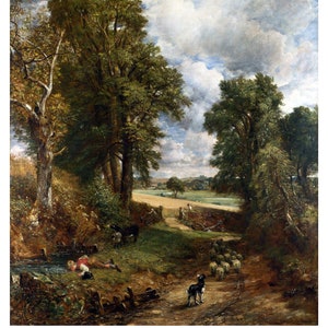May include: A painting of a rural landscape with a dirt road leading through a field. The road is lined with trees and there are sheep in the distance. The sky is cloudy and the sun is shining. The painting is titled "The Corn Field" (1826) by John Constable.