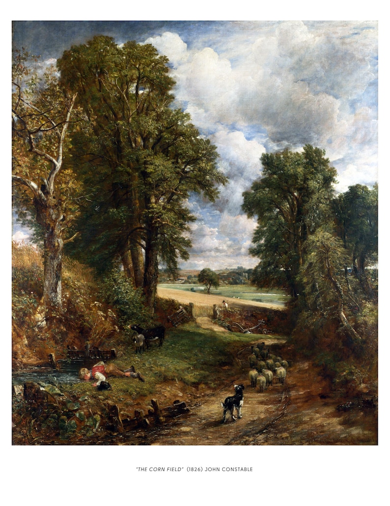 May include: A painting of a rural landscape with a dirt road leading through a field. The road is lined with trees and there are sheep in the distance. The sky is cloudy and the sun is shining. The painting is titled "The Corn Field" (1826) by John Constable.