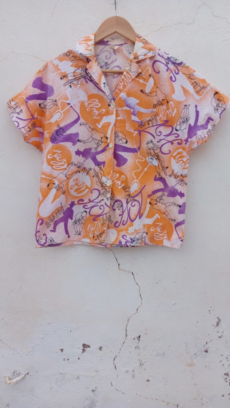 Retro kitsch JAZZ print New Orleans vintage 80s ladies box shirt over-sized wacky bold shirt blouse top saxophone signature unisex musical