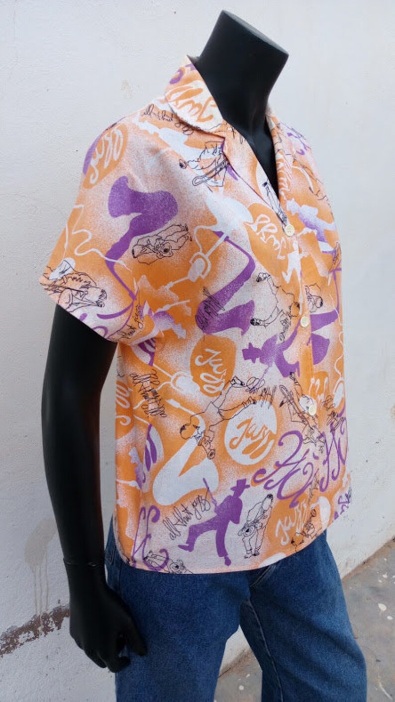 Retro kitsch JAZZ print New Orleans vintage 80s ladies box shirt over-sized wacky bold shirt blouse top saxophone signature unisex musical
