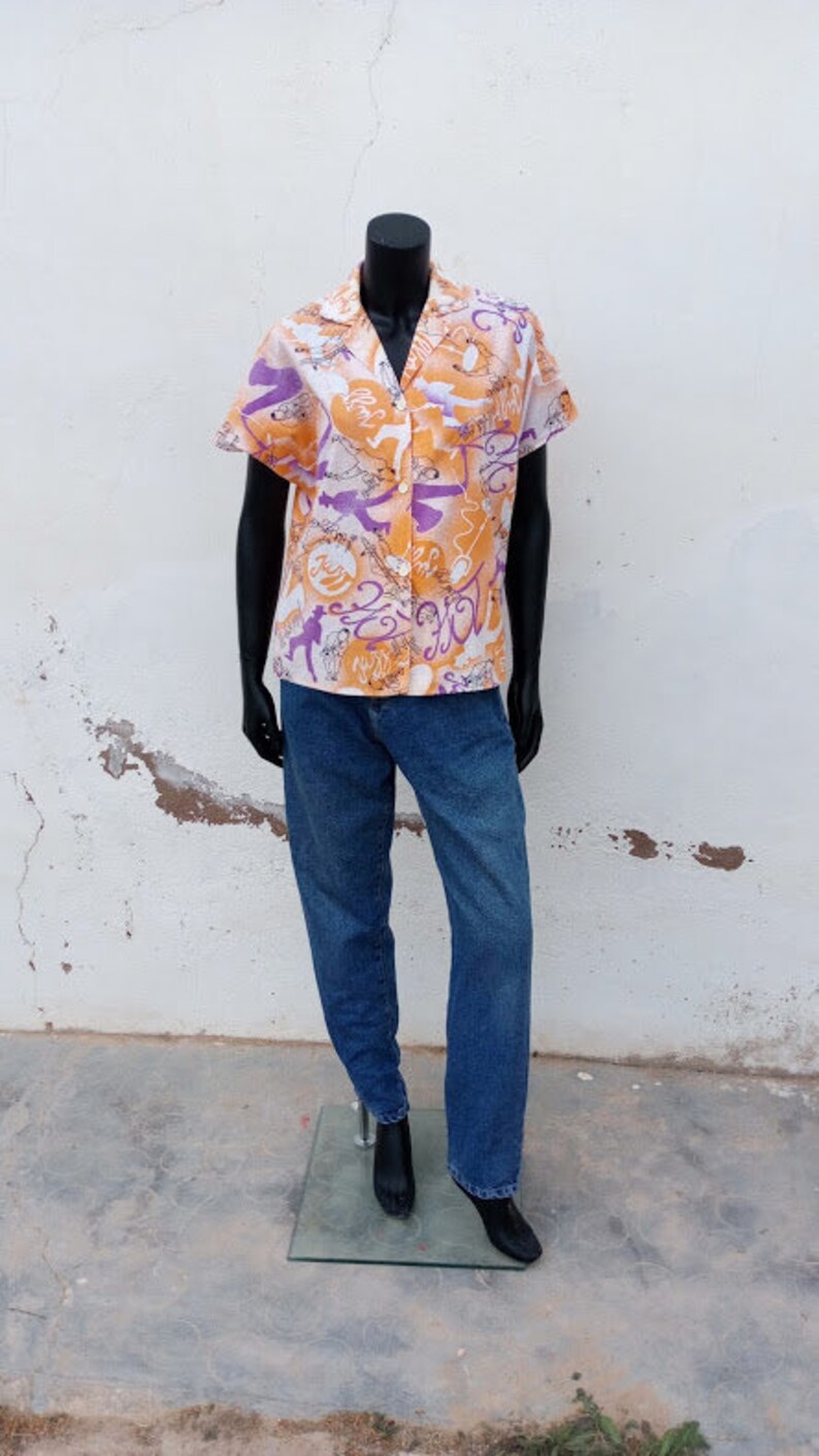 Retro kitsch JAZZ print New Orleans vintage 80s ladies box shirt over-sized wacky bold shirt blouse top saxophone signature unisex musical