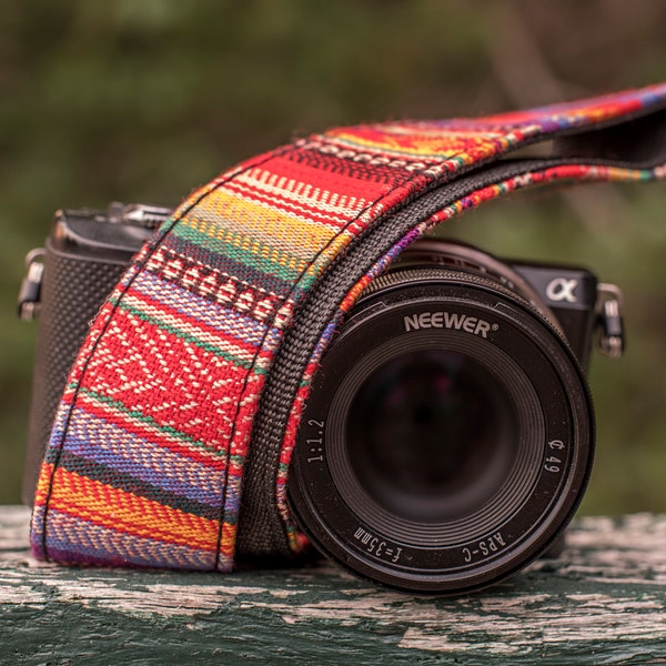 Brand New Red, Blue, and Yellow Patterned Camera Strap for DSLR, Mirrorless, or Film Cameras, 1.5-inches Wide by 50 Inches Long (N1)