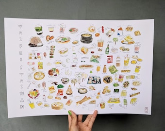 May include: A white poster with the word "TAIPEI TAIWAN" written vertically in black. The poster is filled with colorful illustrations of various Taiwanese foods, including bubble tea, dumplings, noodles, and desserts.