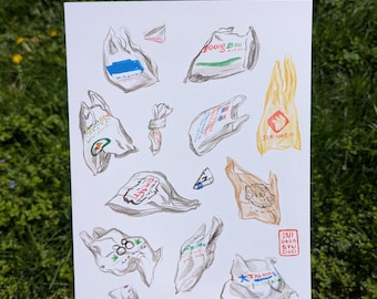 May include: A white art print featuring a collection of hand-drawn illustrations of various plastic grocery bags with different logos and colors, including a yellow bag, with a red Oni Baba Studio stamp in the bottom right corner.