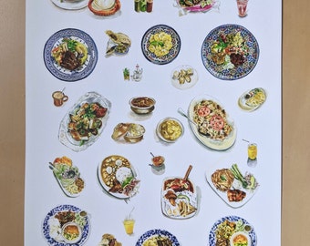 May include: A poster featuring watercolor illustrations of various dishes from Lake Street in Minneapolis, Minnesota. The poster includes the text "Lake Street" and the city's name. The illustrations showcase diverse culinary offerings.