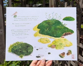 May include: Watercolor painting of mossy green formations with yellow accents and a small bird. The artwork includes handwritten text about a gift economy and the importance of relationships. The artist's signature is in the bottom right corner.