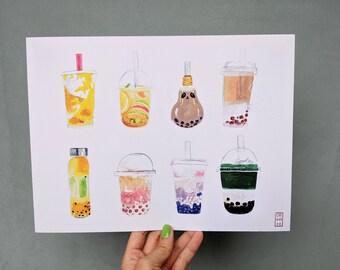 May include: A watercolor illustration of eight different bubble tea drinks. The drinks are in various colors and flavors, including mango, green tea, and strawberry. Each drink has tapioca pearls at the bottom.