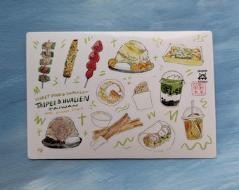 May include: A rectangular sticker featuring watercolor illustrations of various Taiwanese street foods and snacks. The text reads STREET FOOD & SNACKS FROM TAIPEI & HUALIEN TAIWAN. The items include skewers, shaved ice, bubble tea, and fried dough sticks.