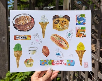 May include: Watercolor illustration featuring various food items, including ice cream cones, a sandwich, a bowl of rice, and candy. The artwork showcases a variety of colors and textures, with a focus on the details of each food item.