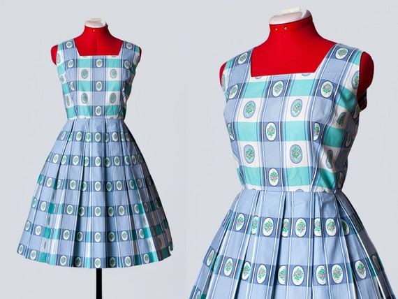 1950s floral plaid cotton dress