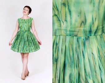 vintage 1960s custom made river green brush strokes pleated full skirt fit and flare mini dress