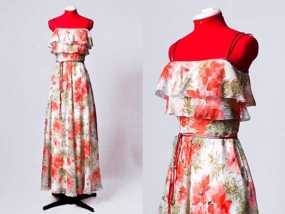 1970s poppies print chiffon party dress