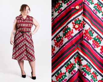 vintage 1960s red white green stripes Aztec print sleeveless button up shirtwaist shirt dress size XL Extra Large