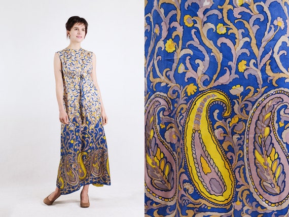 1960s paisley print silk maxi dress