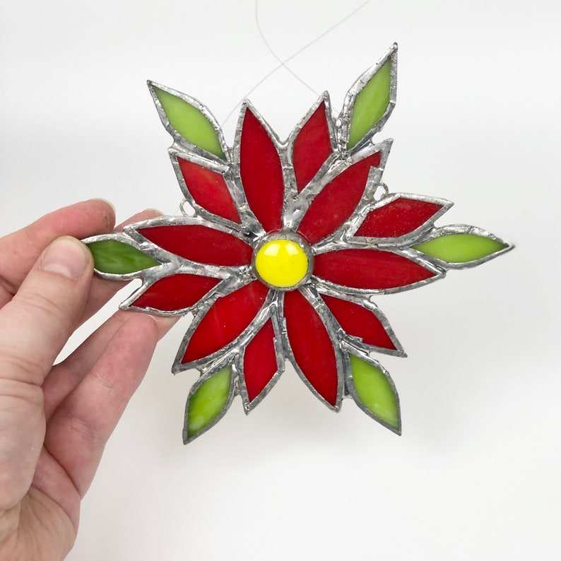 Poinsettia Window Decoration Stained Glass Hanging Ornament Etsy
