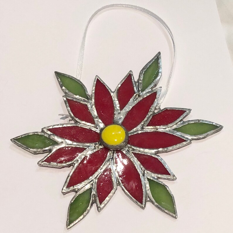 Poinsettia Window Decoration Stained Glass Hanging Ornament Etsy